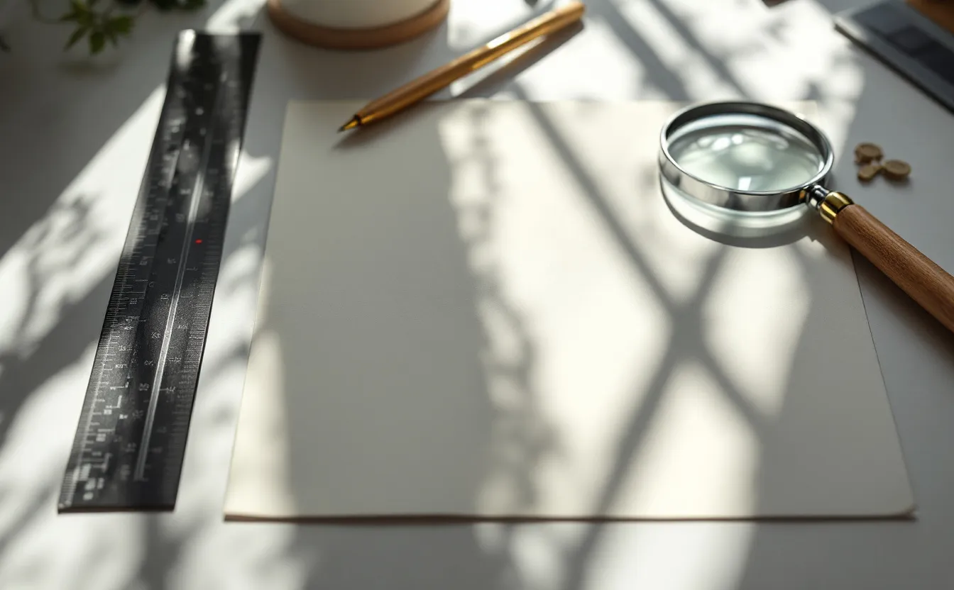 Two printed pages side by side on a desk with a red pencil, ruler and magnifying glass