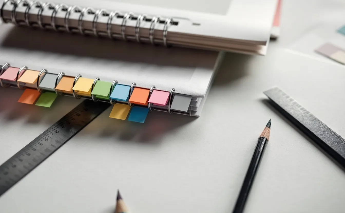 A ring binder with coloured tabs, a ruler and two pencils on a pale wooden desk