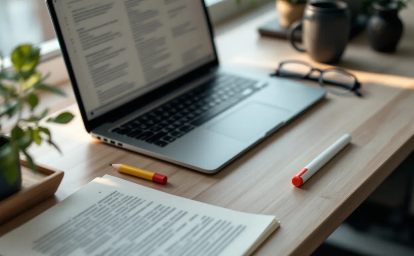 Laptop and a marked-up printed page with a highlighter on a wooden table
