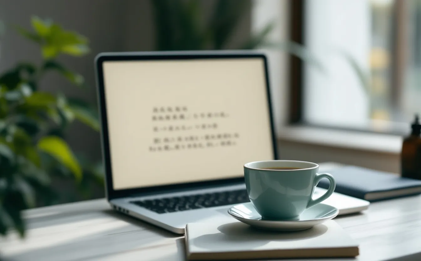 A laptop with a blurred Japanese document next to a cup of green tea