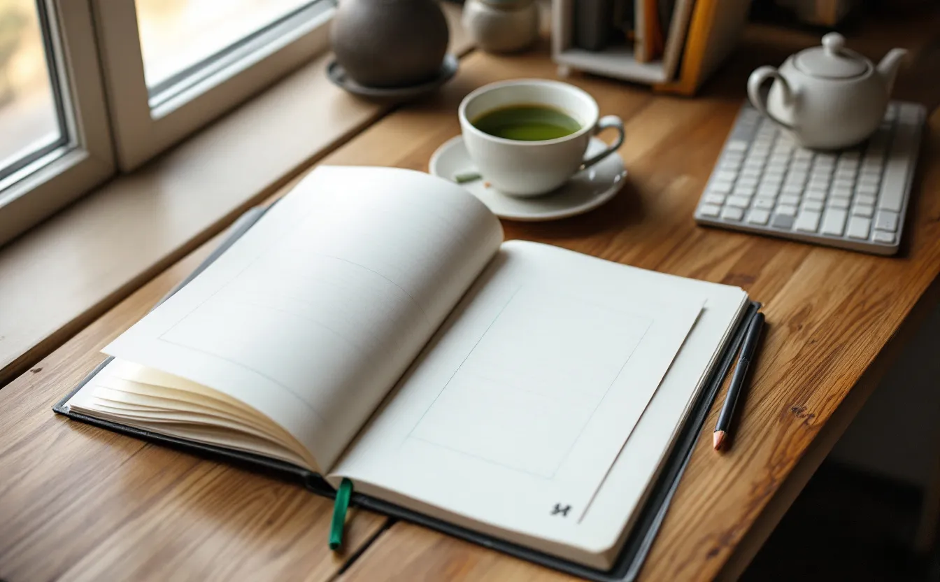 A desk with an open reference book, grid manuscript paper, a pencil and a keyboard