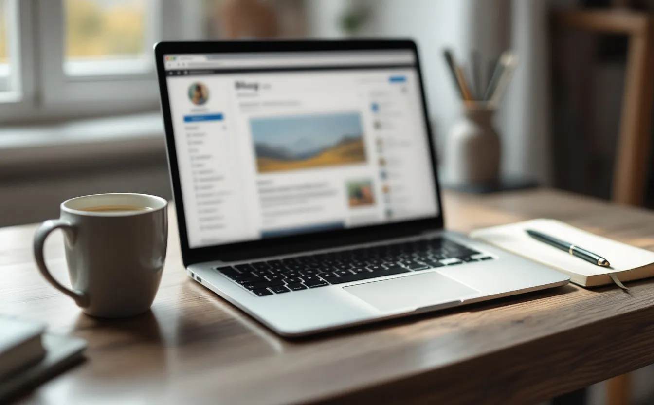 Laptop with a blurred blog editor on a wooden desk next to a cup of green tea