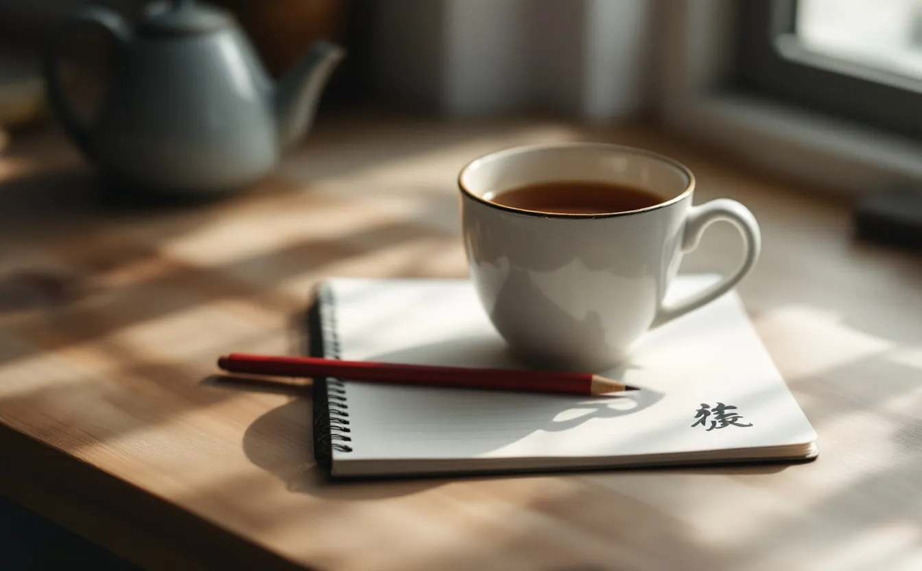 Japanese printout with circled words, a pencil and a cup of green tea on a desk